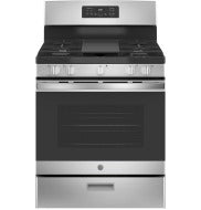 Stainless steel free-standing gas range with digital display, control knobs, and oven window in modern kitchen appliance collection