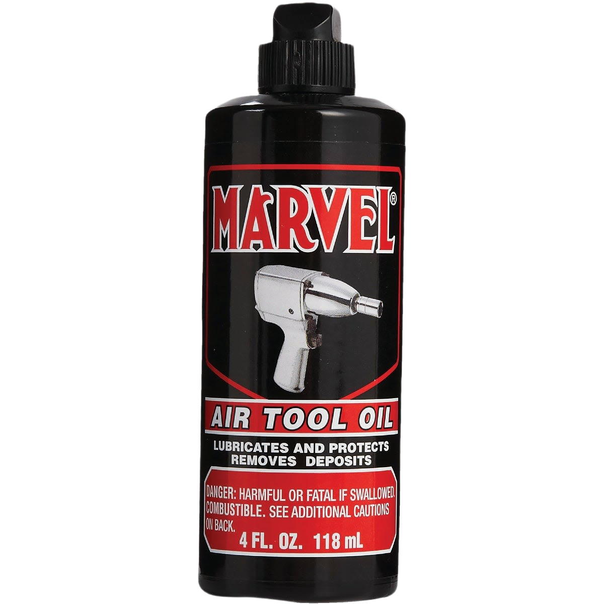 Black bottle of Marvel air tool oil with red and white label for lubricating and protecting air tools