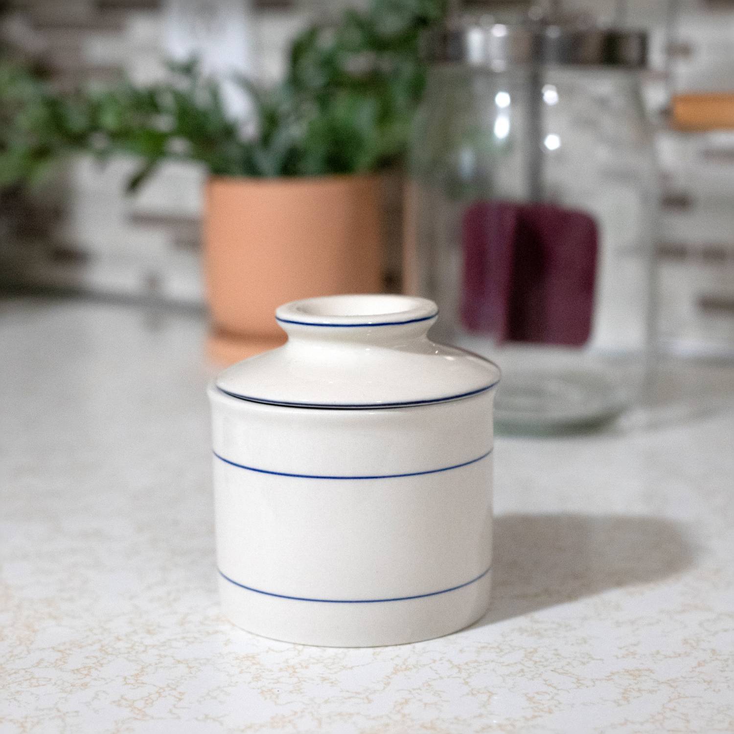 Cream white stoneware butter keeper with thin blue lines, perfect for kitchenware and under $50 collections