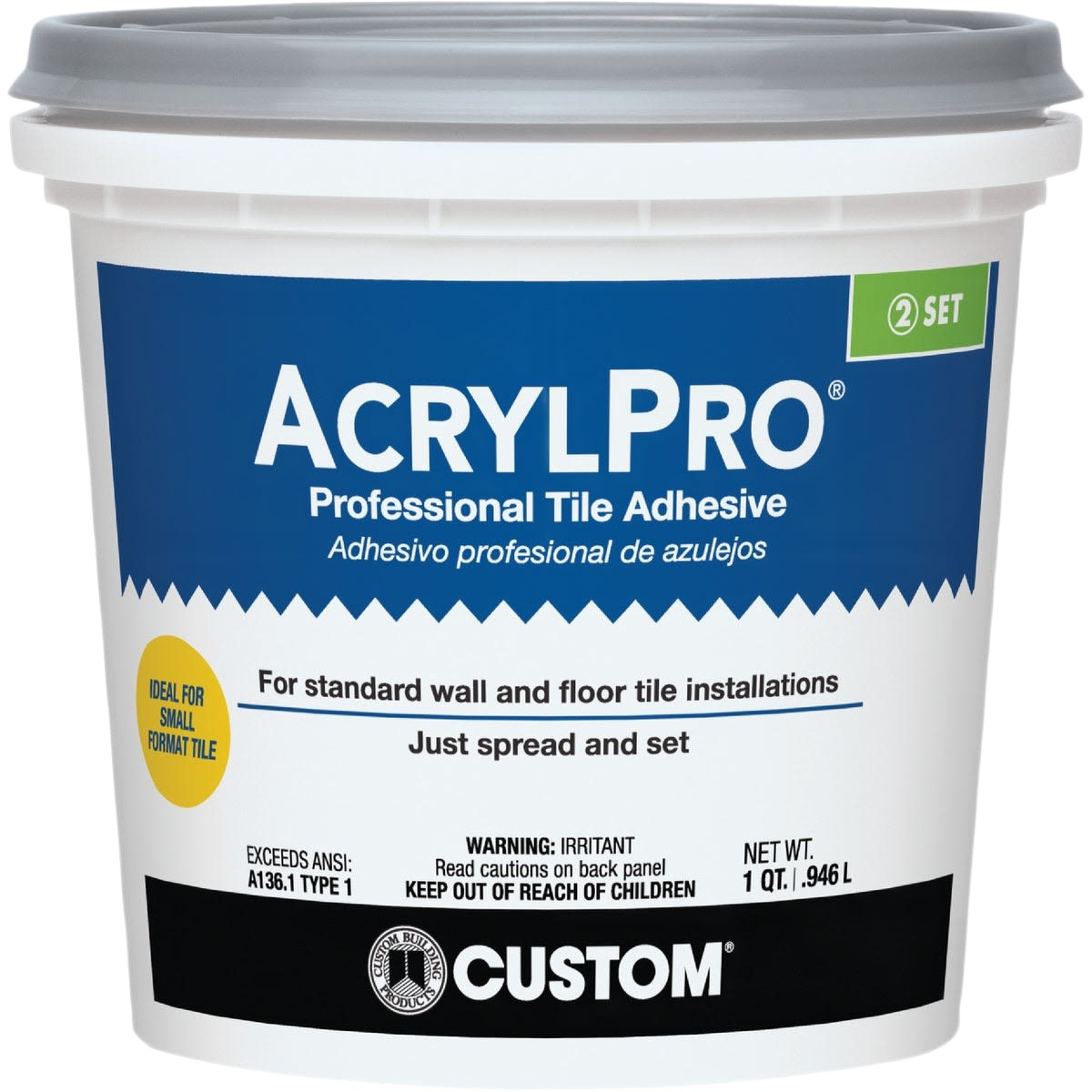 White bucket of AcrylPro tile adhesive for wall and floor tile installation in flooring tools and adhesives collections