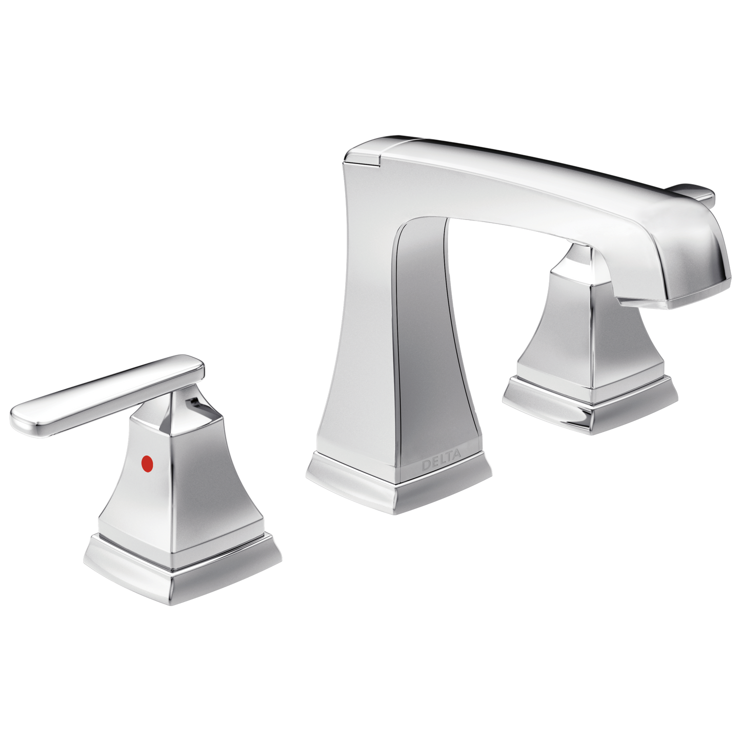 Chrome widespread bathroom faucet with two handles and EZ Anchor for home improvement and plumbing installation use