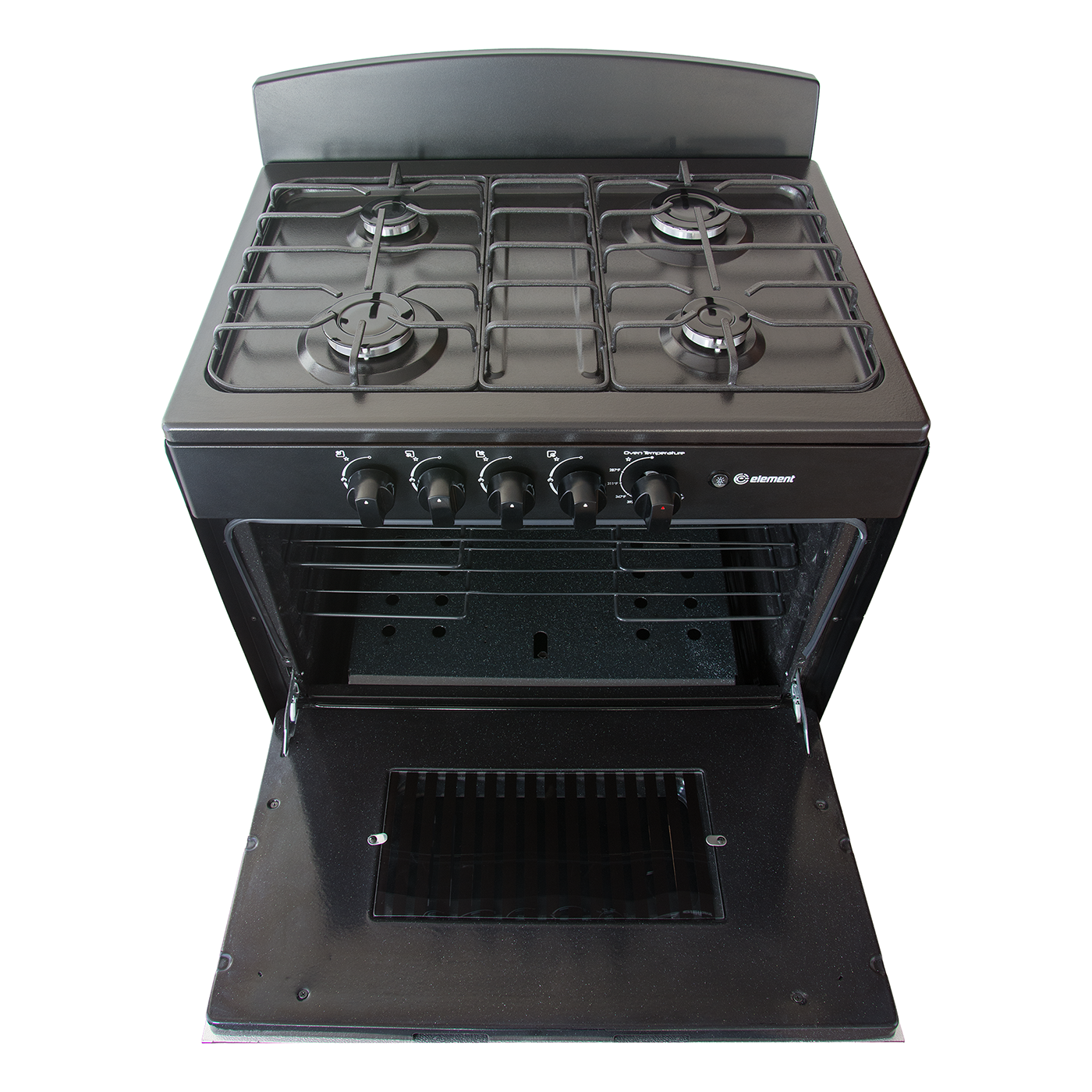 Element Electronics black 30-inch gas range featuring four burners and an open oven door displaying a spacious interior, suitable for Ranges, Gas Ranges, Kitchen & Kitchenware, Appliances, and Ranges & Cooktops collections.