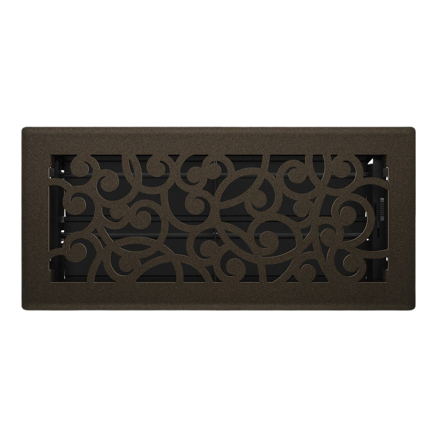 Bronze-colored metal floor register with decorative scroll pattern for plumbing and home improvement collections under $50