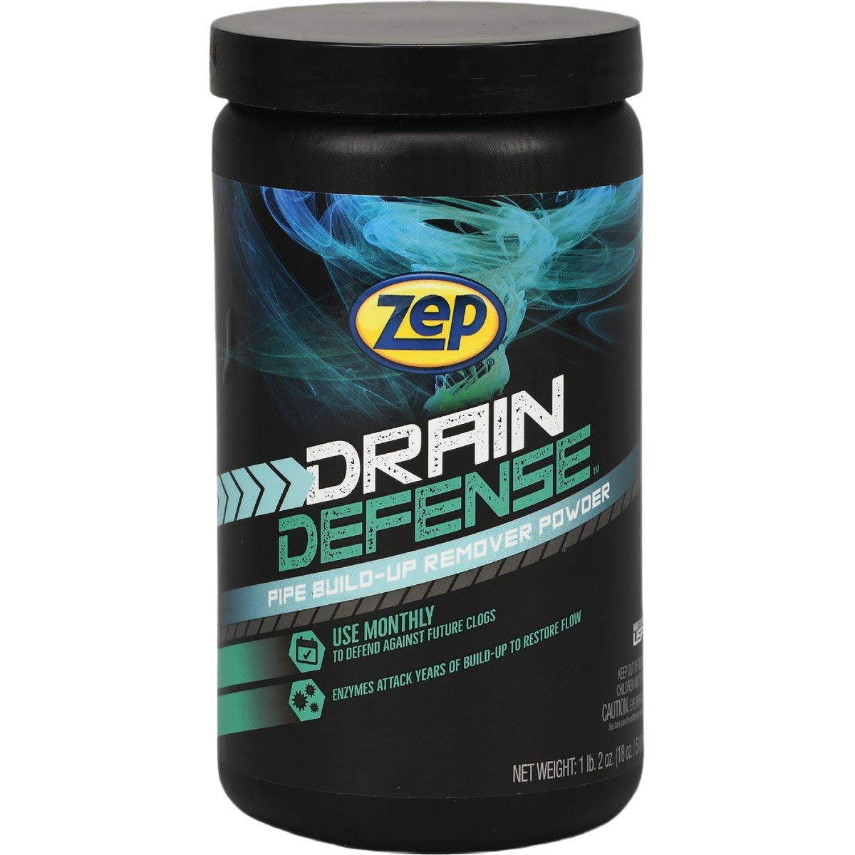 Black container of Zep Crystal Drain Defense powder for pipe build-up removal in cleaning and plumbing supplies under $50