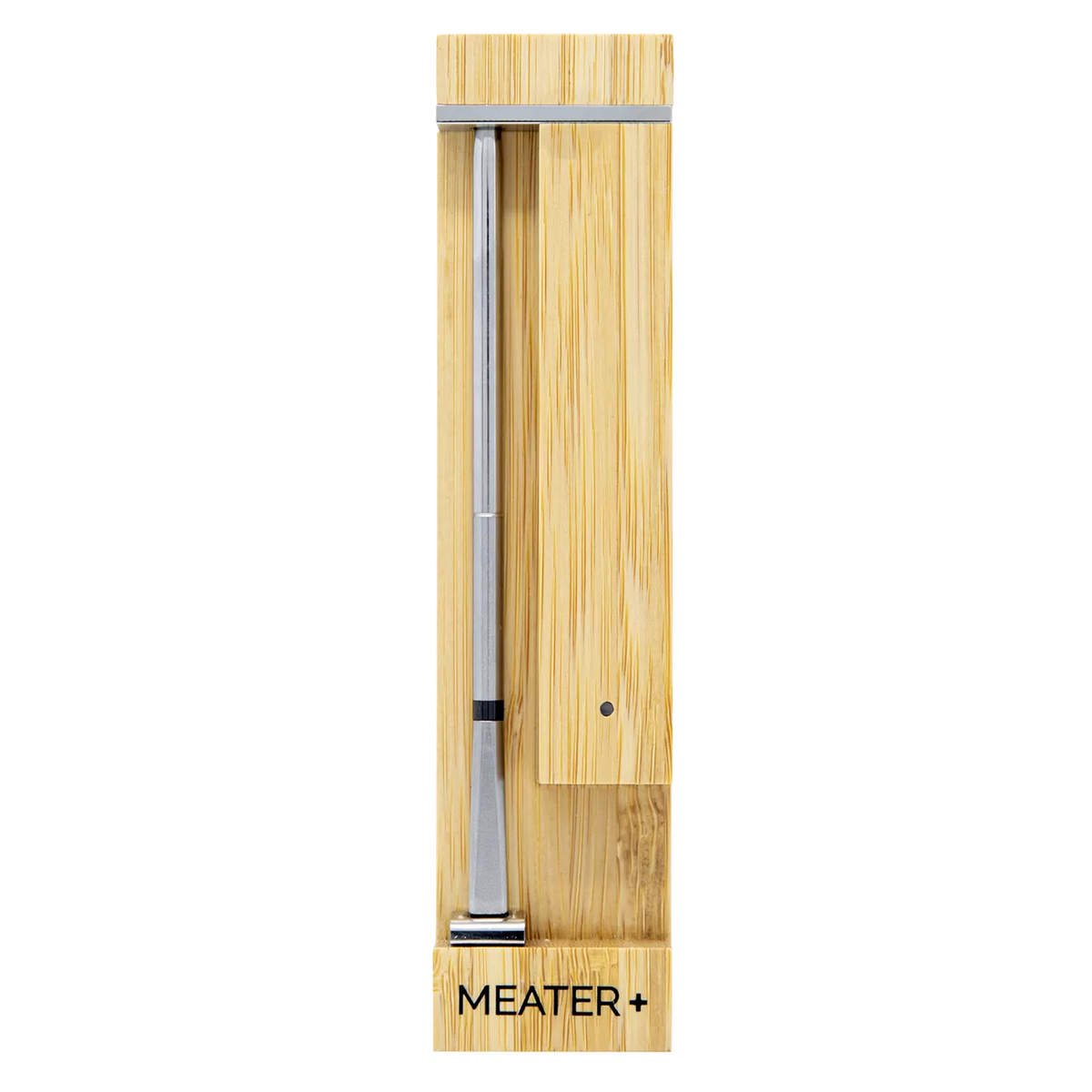 Slim stainless steel wireless meat thermometer in natural wood charging case for precise cooking tools and home improvement