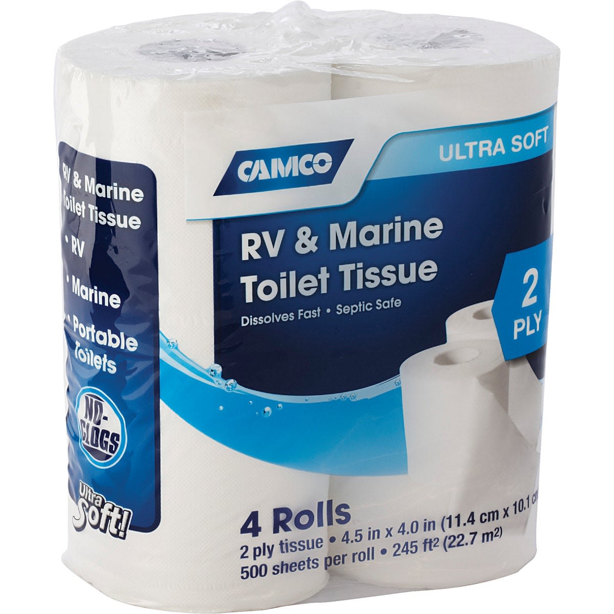 Package of four rolls of ultra-soft two-ply toilet tissue designed for RV and marine use