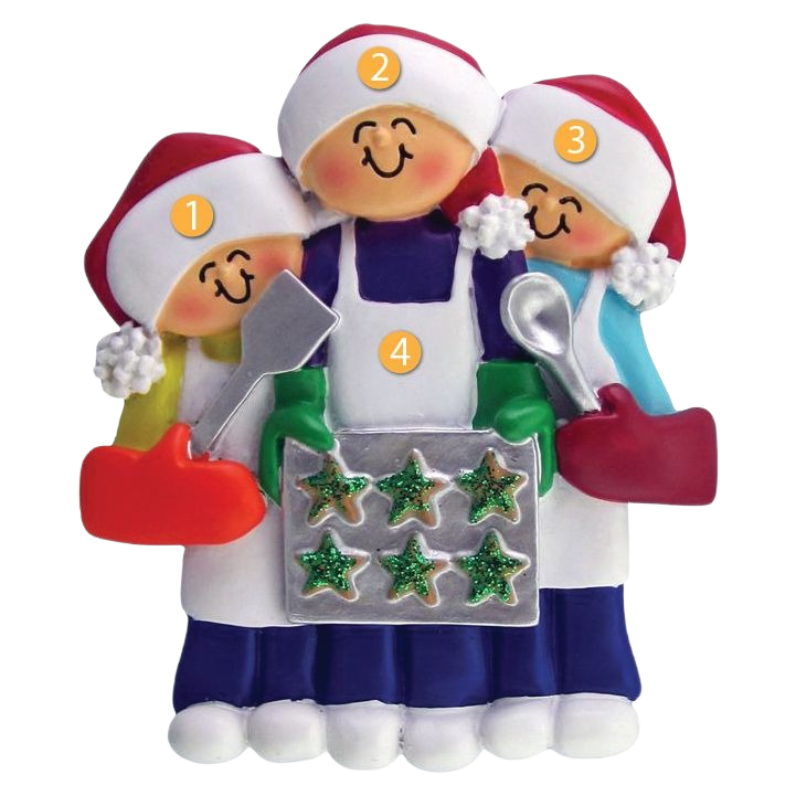 Three cheerful figures wearing Santa hats and mittens baking star-shaped cookies in Christmas ornament collection