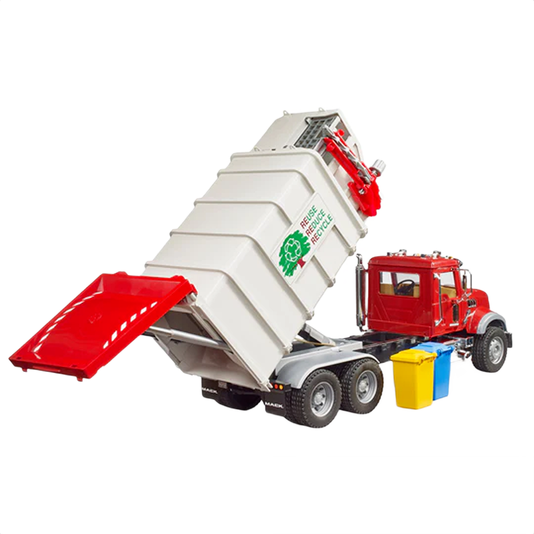 Red and white side loading garbage truck toy with yellow and blue recycling bins and reuse reduce recycle decal