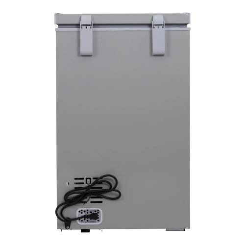 Gray chest freezer with secure lid latches and power cord, designed for garage-ready use in Freezers & Ice Makers collection