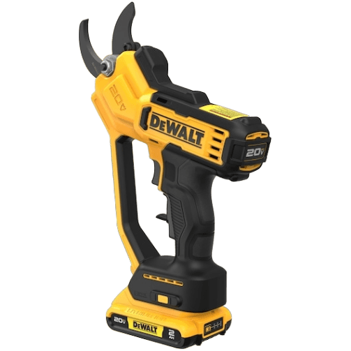 Yellow and black cordless pruner with 20V battery for garden, tree pruning, and outdoor hand tool use