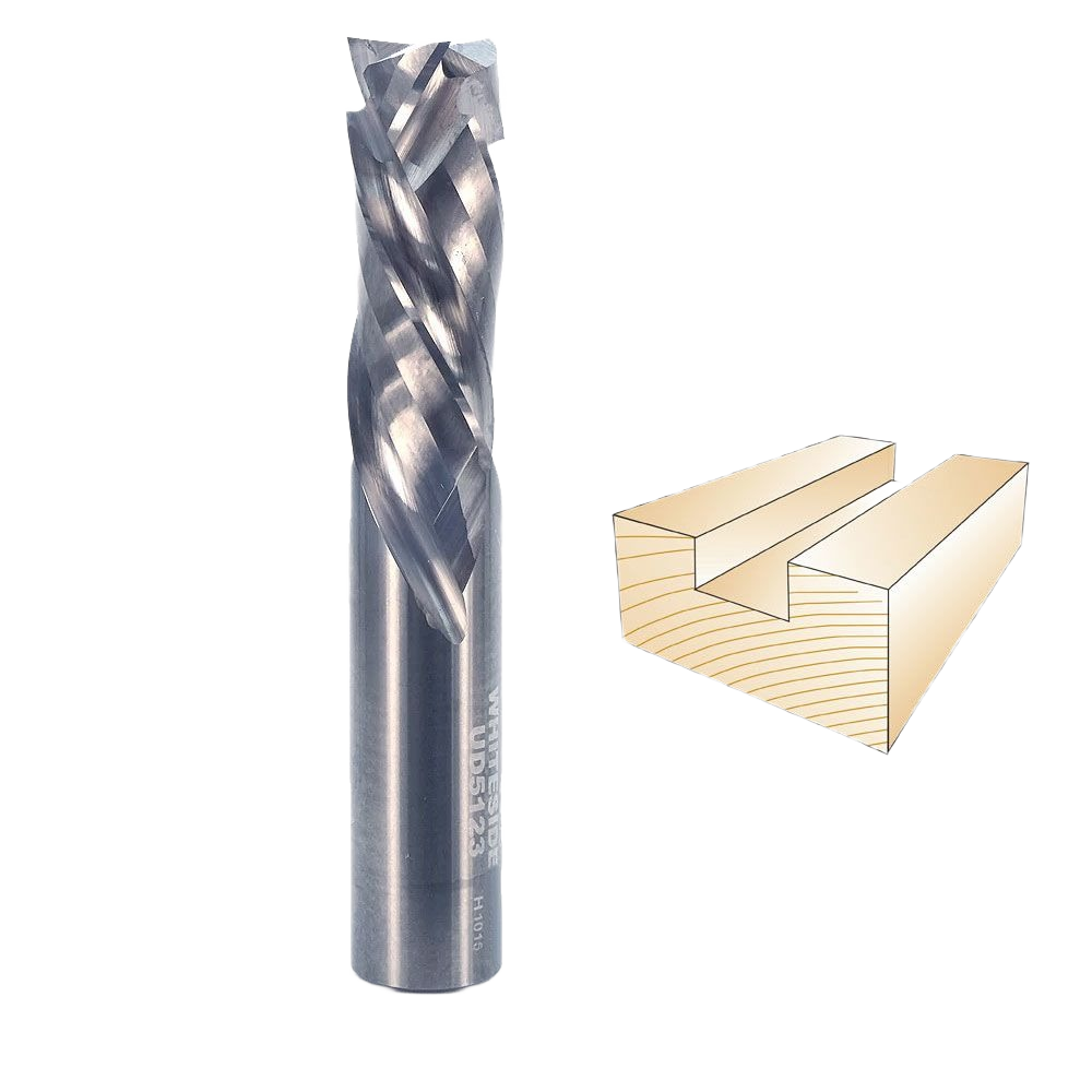 Spiral up and downcut router bit next to an illustration of a wooden groove for woodworking projects