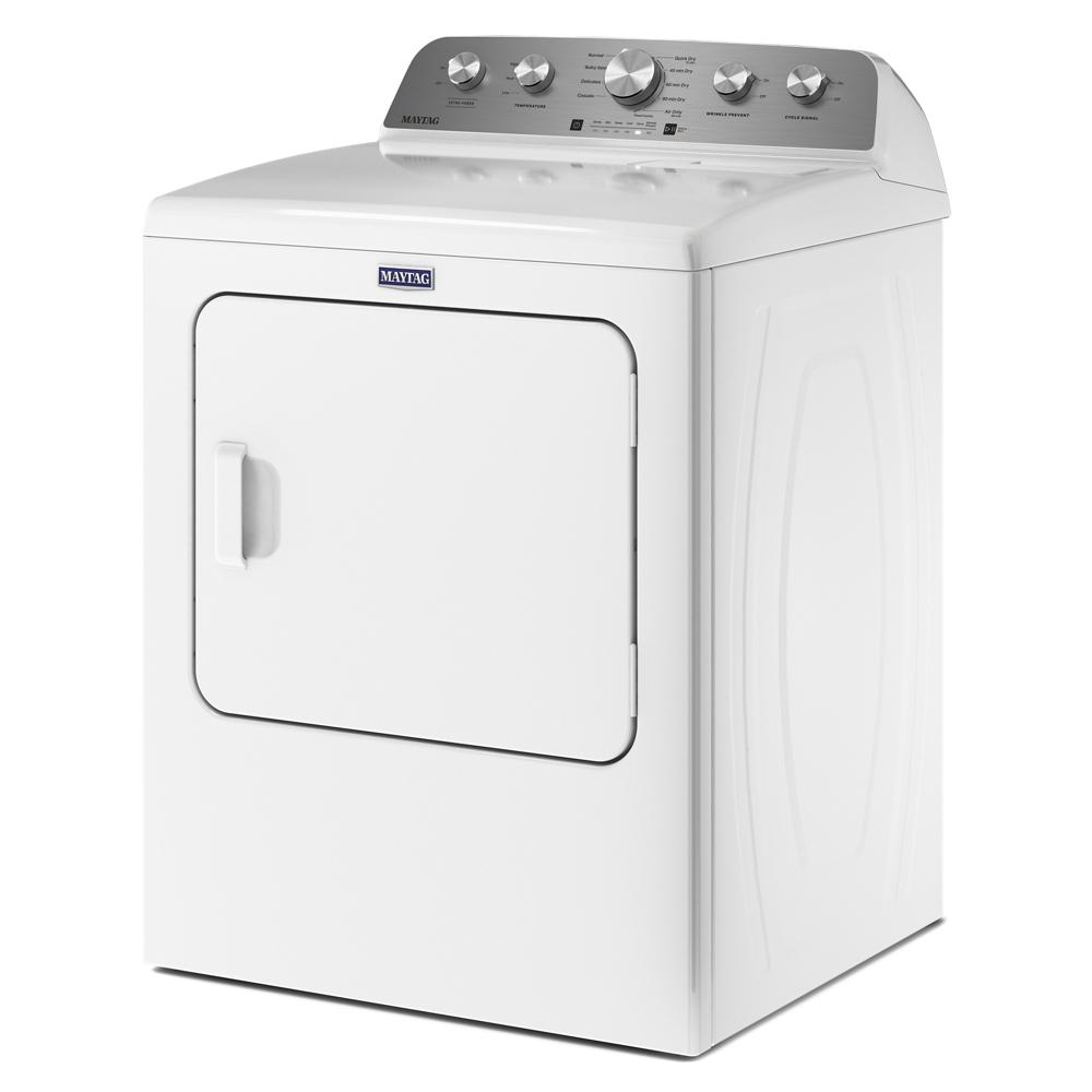 White front view of top load electric dryer with silver control panel and multiple dials from Dryers and Appliances collections
