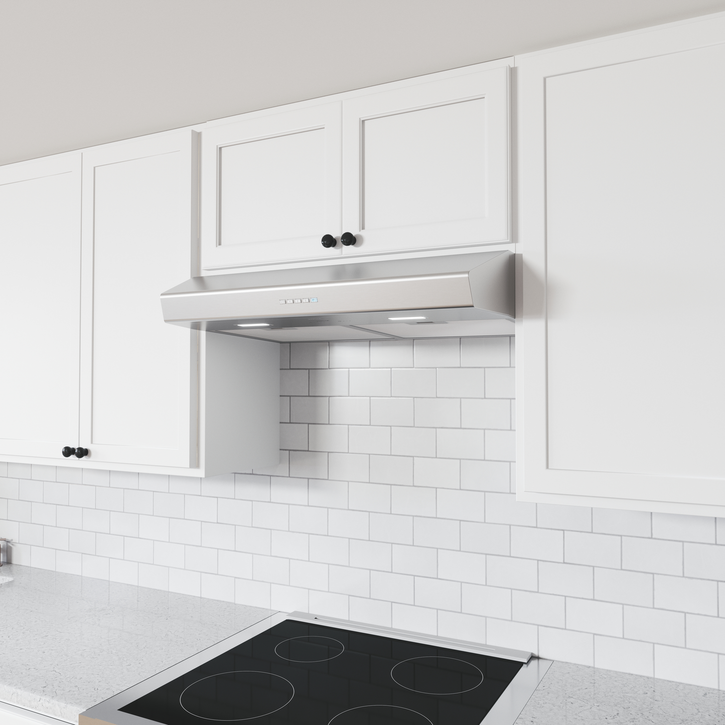 Modern stainless steel under cabinet range hood with LED lights in white kitchen setting for home improvement
