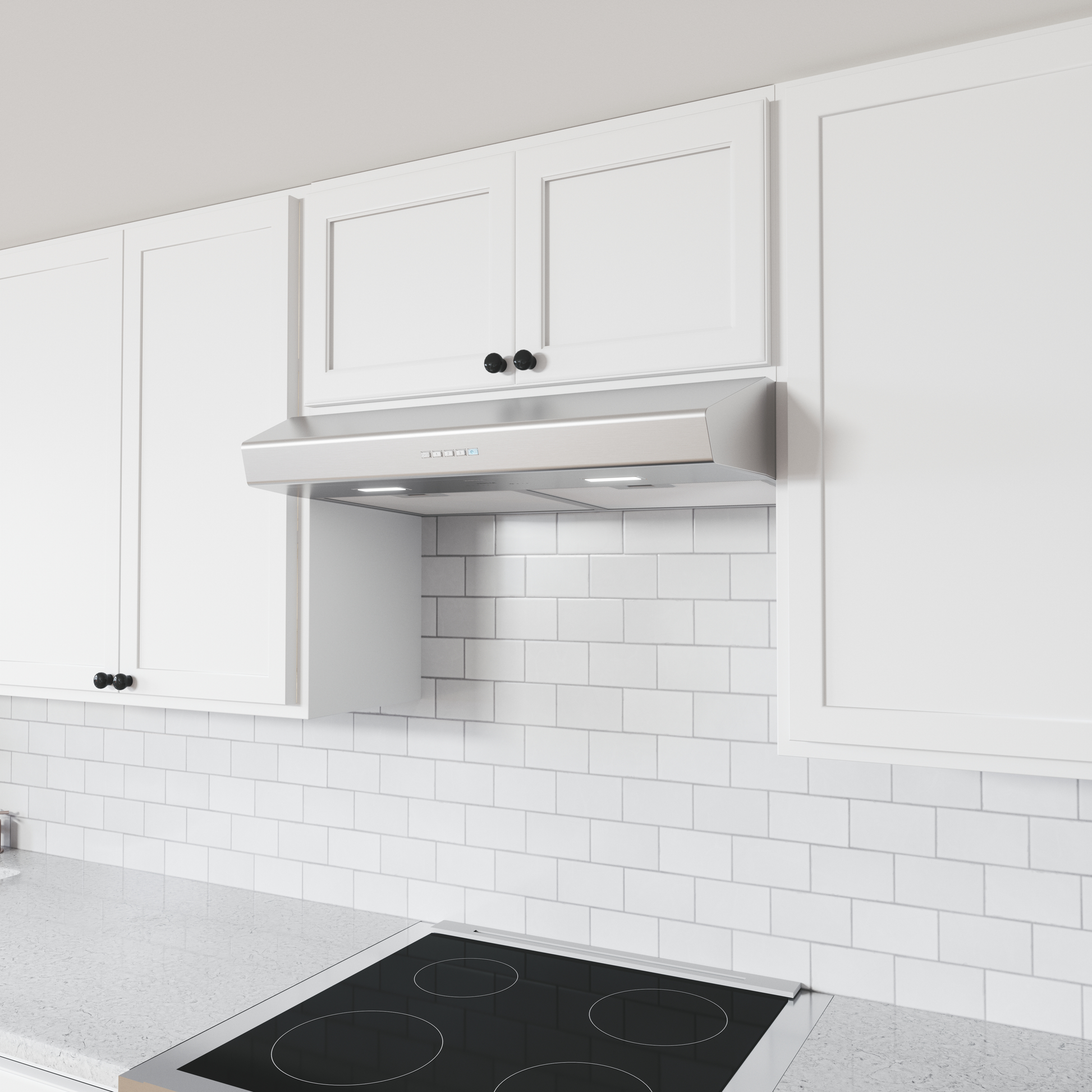 Modern stainless steel under cabinet range hood with LED lights in white kitchen setting for home improvement