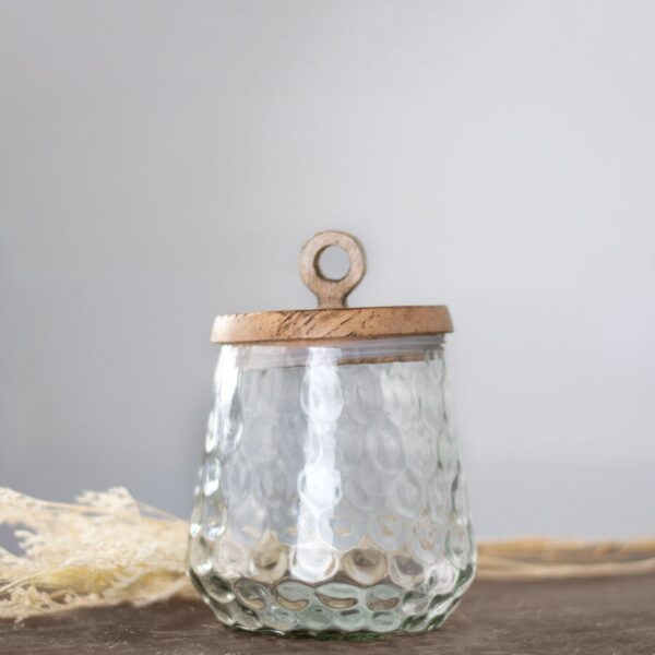 Clear textured glass storage canister with natural wood lid for kitchenware and organization under $50 collection