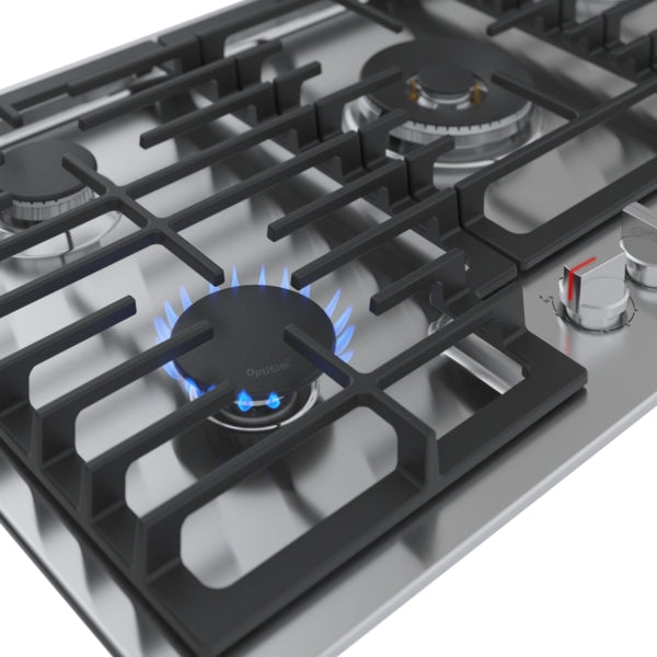 Close-up of 36-inch stainless steel gas cooktop burner with blue flame and black grates from Bosch appliances collection