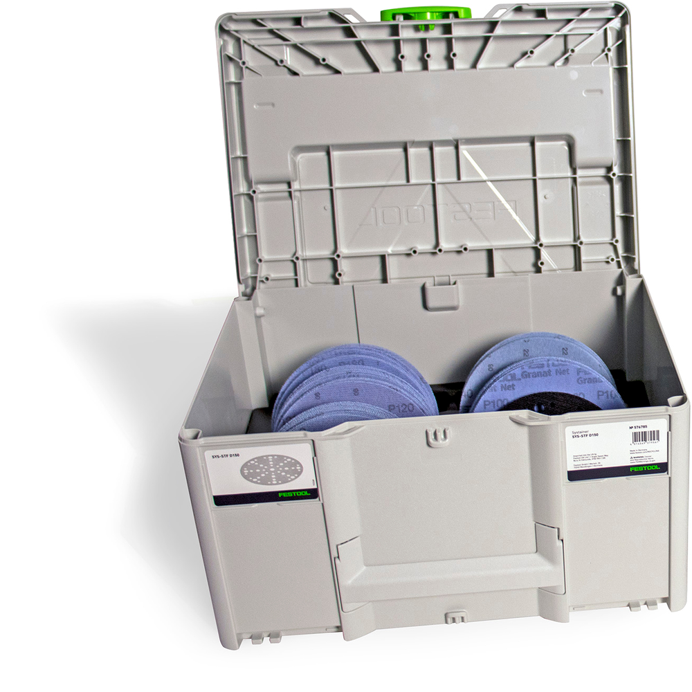 Gray circular abrasive sheets with perforated holes stored in an open gray plastic organizer for tools and home improvement