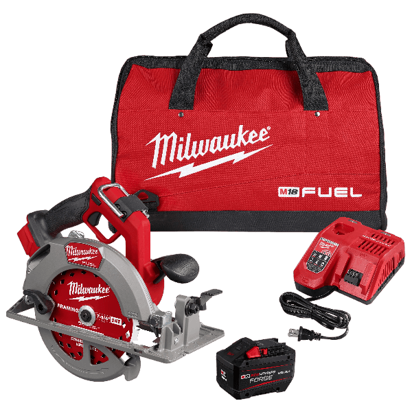 Cordless Milwaukee circular saw kit with battery, charger, and red carrying bag for power tools and woodworking use