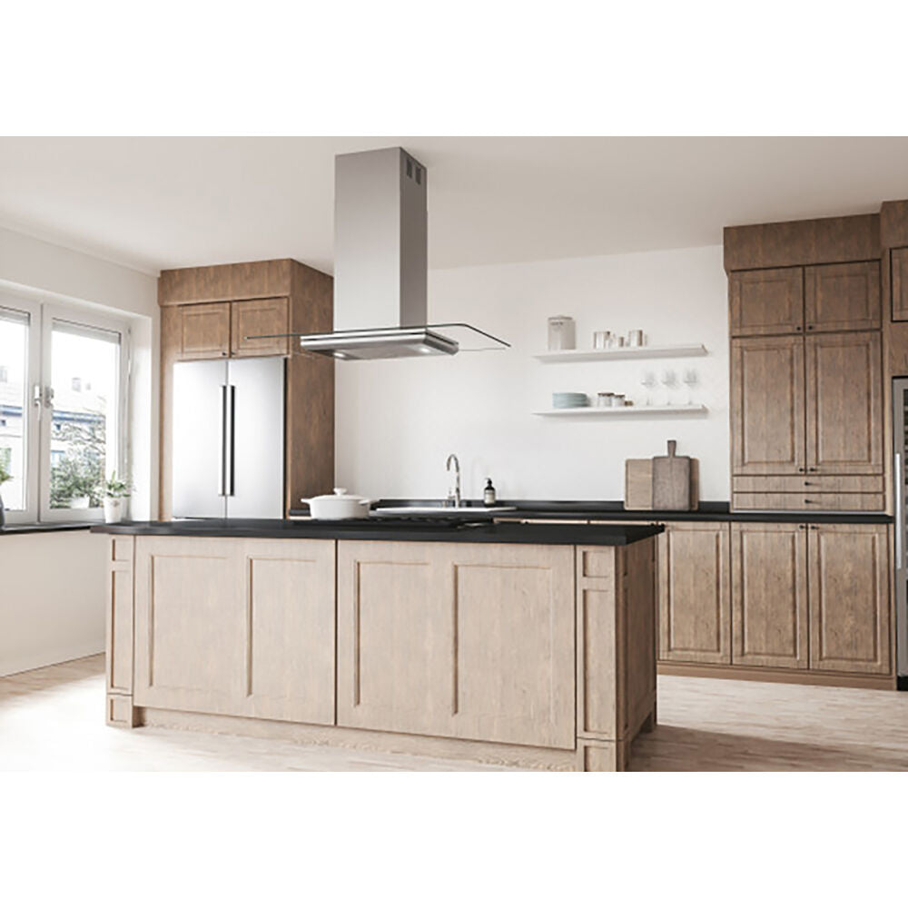Contemporary kitchen with wooden cabinetry and a stainless steel island range hood with glass canopy lighting
