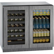 Double door beverage center with integrated frame, dual compartments for wine and drinks in kitchen appliances collection