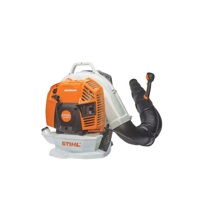 Orange and white backpack blower with flexible black air tube and ergonomic handle for outdoor tools and home improvement use