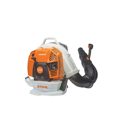 Orange and white backpack blower with flexible black air tube and ergonomic handle for outdoor tools and home improvement use