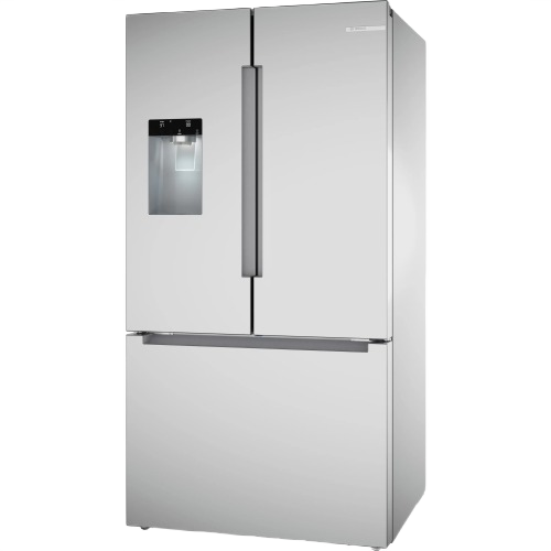 36-inch stainless steel French door refrigerator with bottom freezer and external ice and water dispenser in Bosch appliances collection