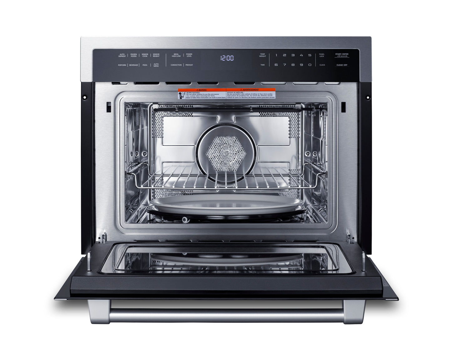 Open built-in speed oven with stainless steel interior, digital controls, and wire rack in kitchen appliances collection