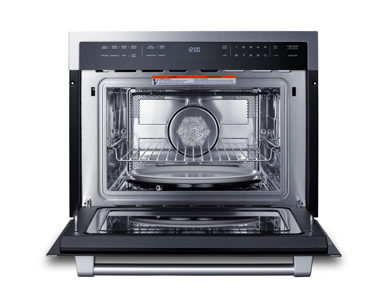 Open built-in speed oven with stainless steel interior, digital controls, and wire rack in kitchen appliances collection