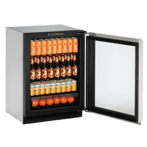 Compact refrigerator with glass door open showing stocked interior of beverages and fruit from Appliances collection