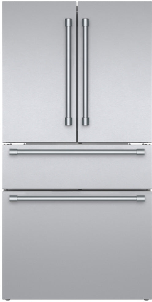 Freestanding stainless steel French door refrigerator with bottom mount freezer and professional-style handles in kitchen appliances