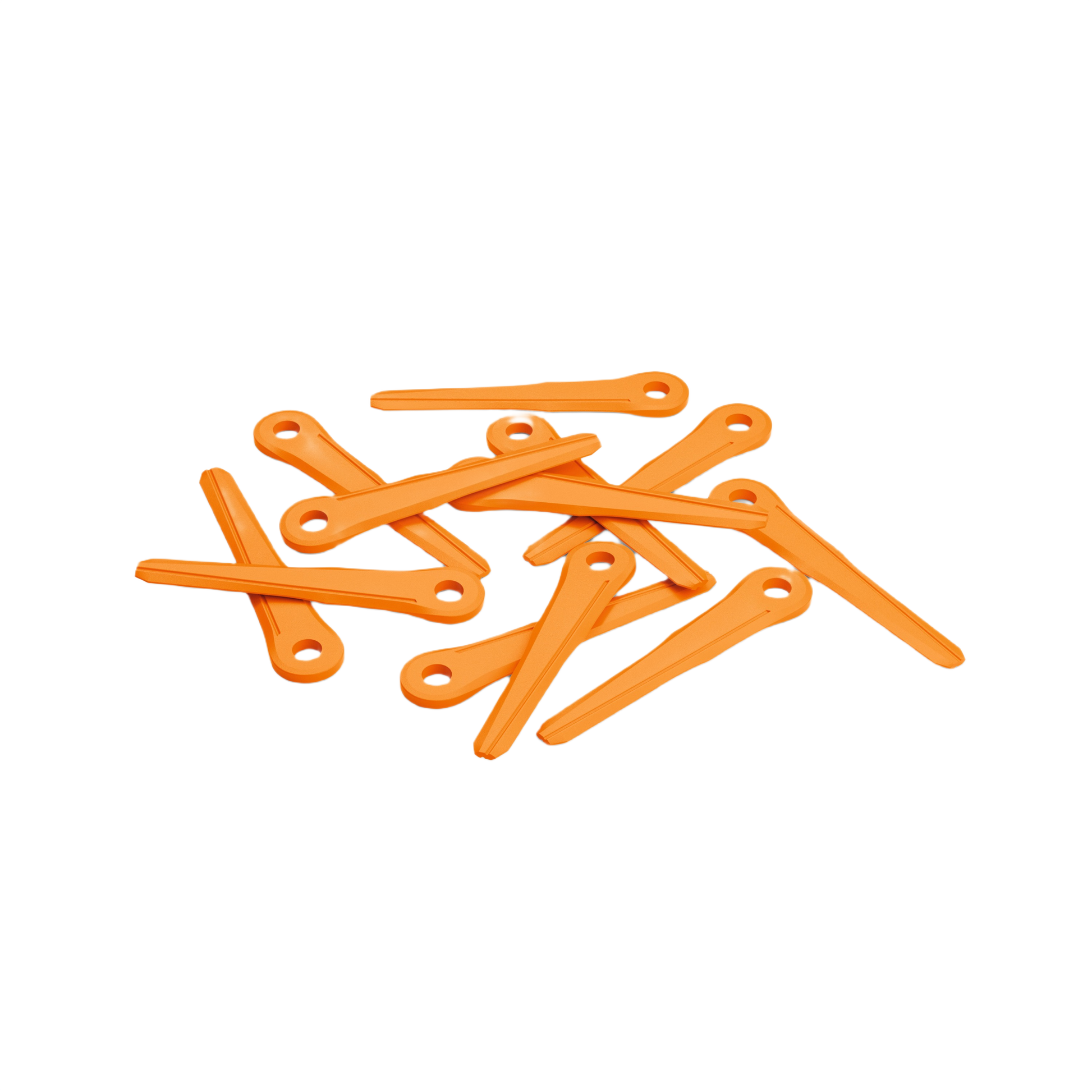 Pack of twelve bright orange thermoplastic blades for outdoor power tool accessories and home improvement use