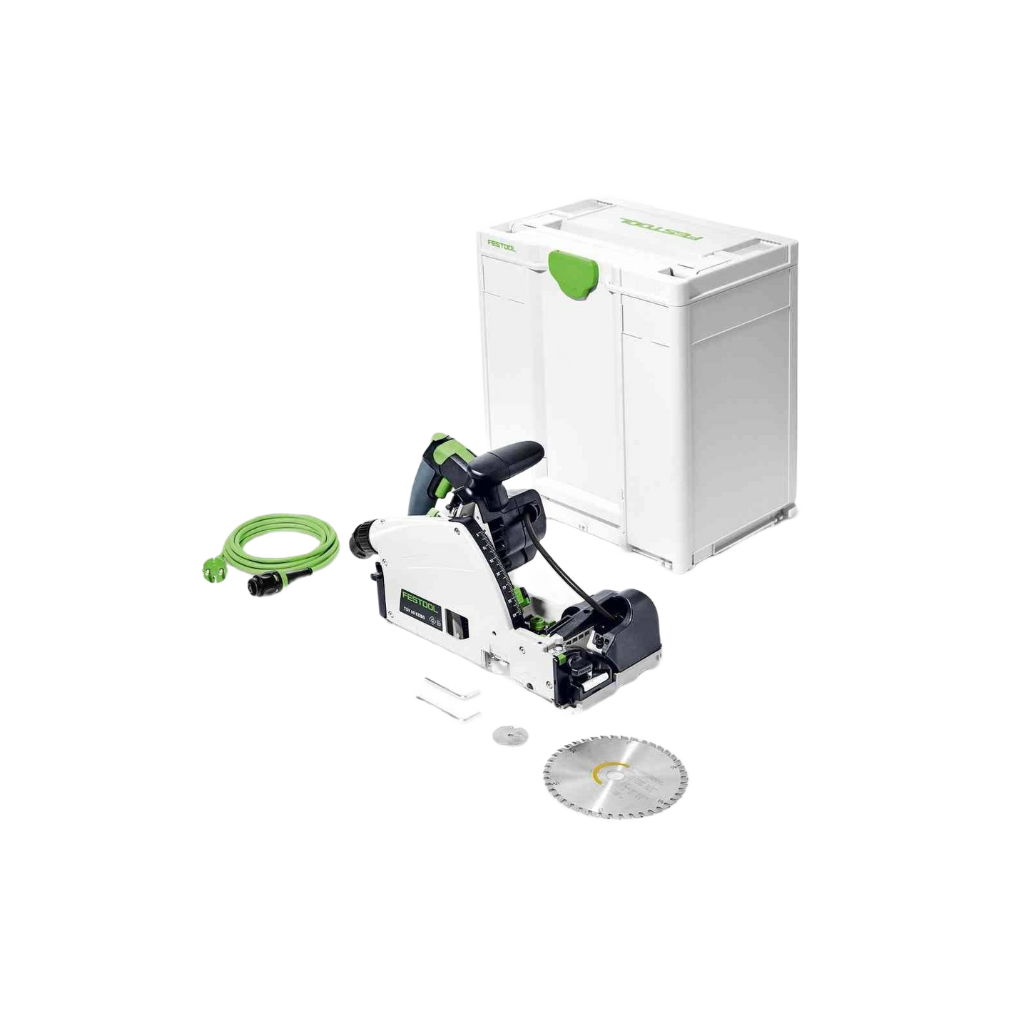 Festool plunge cut track saw with blade, hose, and white storage case for precision cutting in power tools and home improvement collections