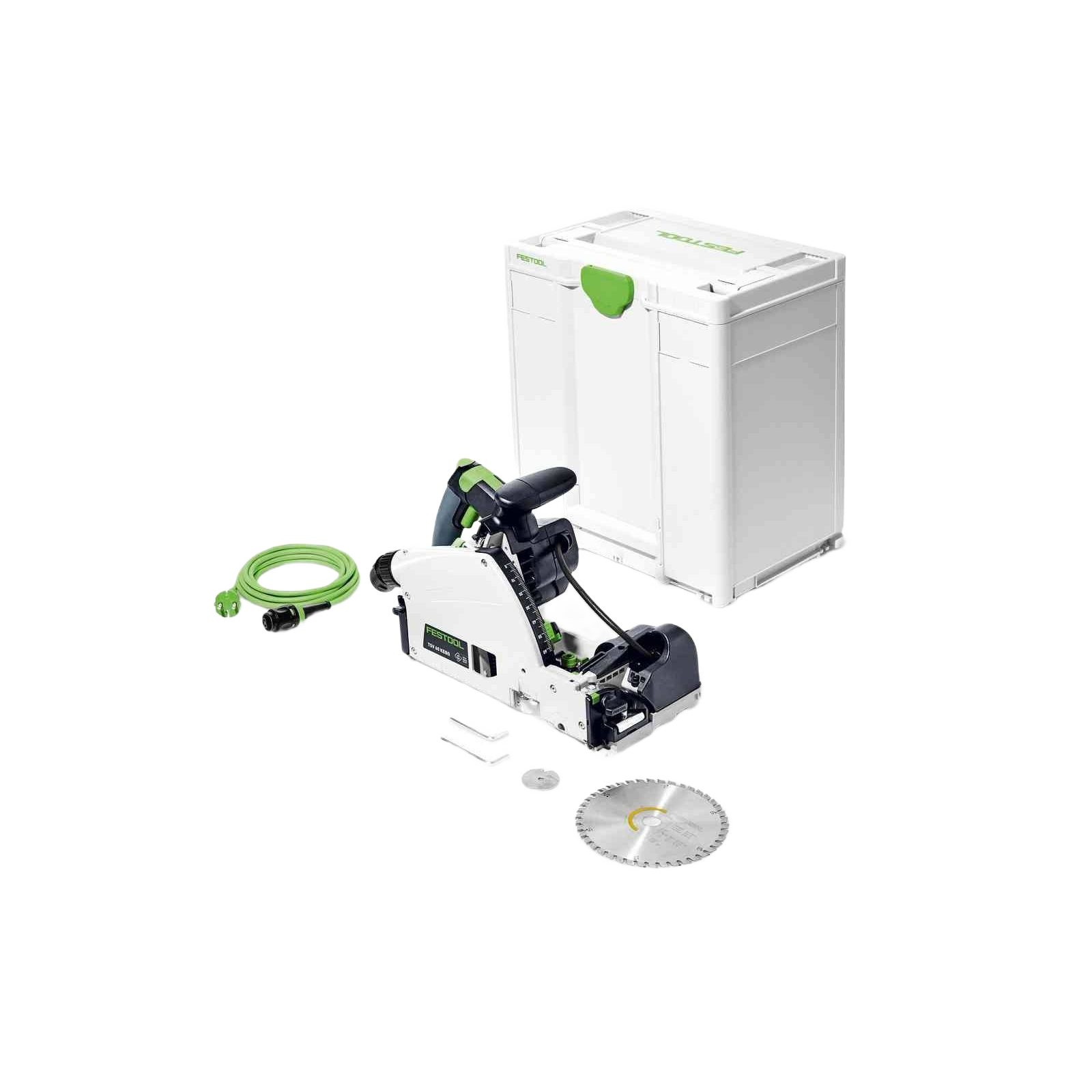 Festool plunge cut track saw with blade, hose, and white storage case for precision cutting in power tools and home improvement collections