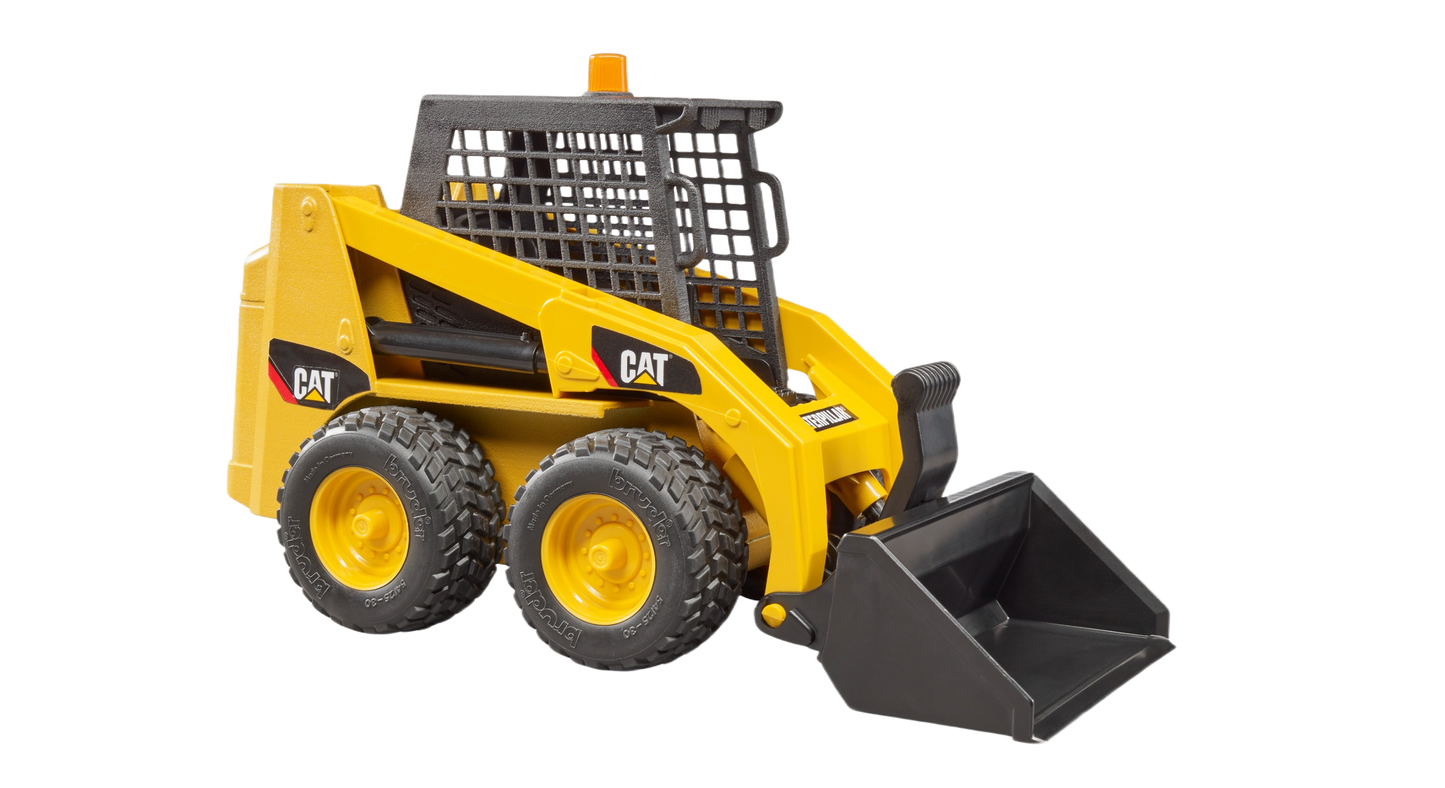 Yellow CAT skid steer loader toy with rugged tires and front bucket for construction and home improvement play
