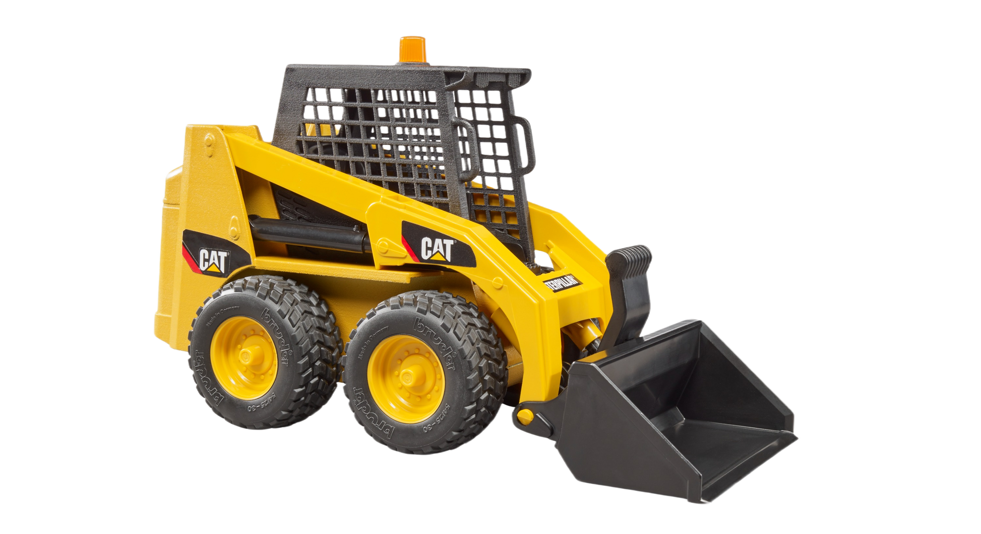 Yellow CAT skid steer loader toy with rugged tires and front bucket for construction and home improvement play