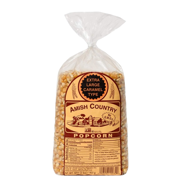Clear plastic bag of extra large caramel popcorn kernels from Amish Country in the Food & Beverage and Chips & Snacks collections