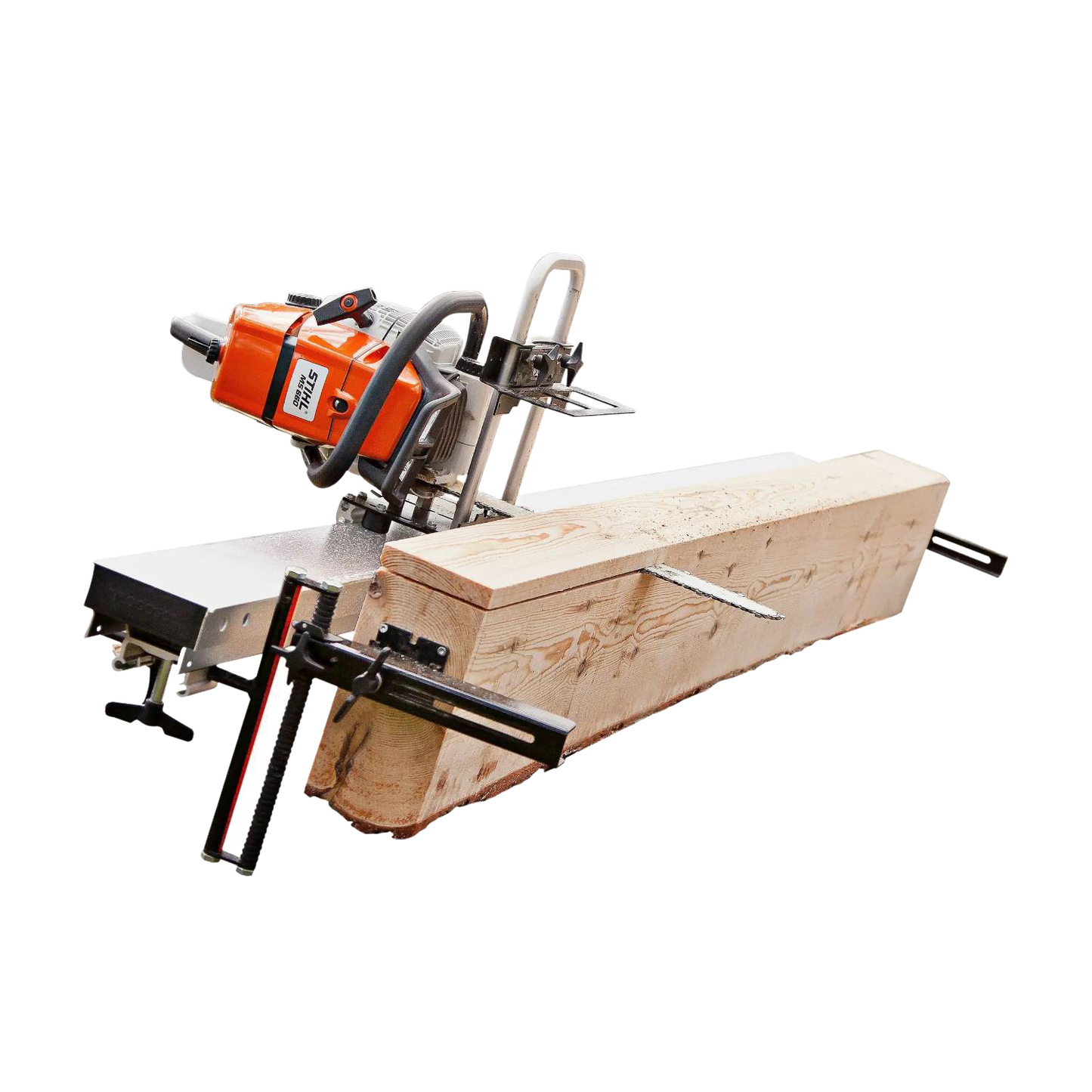 Orange chainsaw mounted on a black and silver guide rail system cutting a large wooden beam for outdoor power tools.