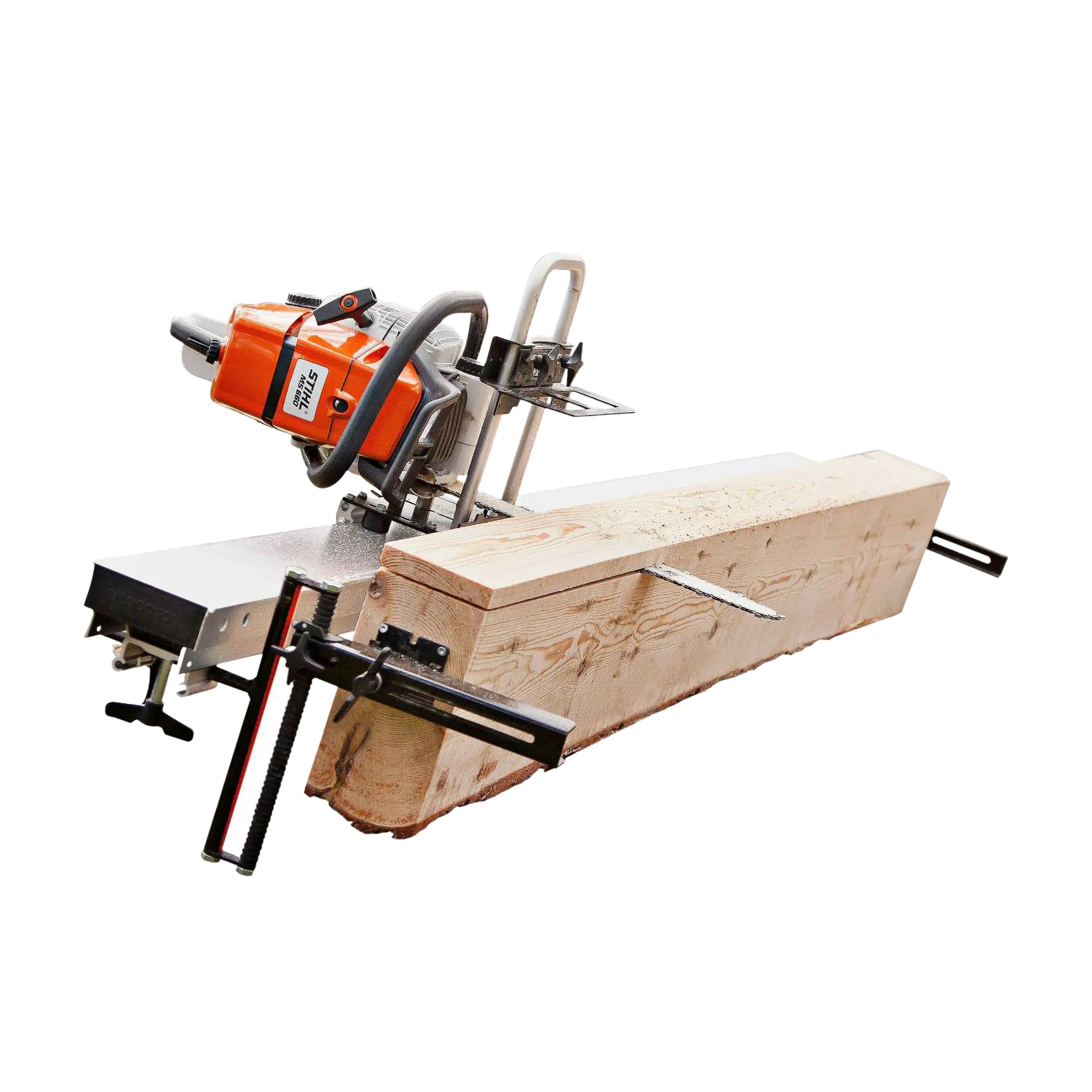 Orange chainsaw mounted on a black and silver guide rail system cutting a large wooden beam for outdoor power tools.