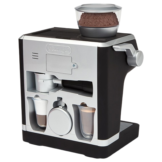 Black and silver compact Casdon coffee machine toy with clear hopper, removable parts, and cup accessories for play use