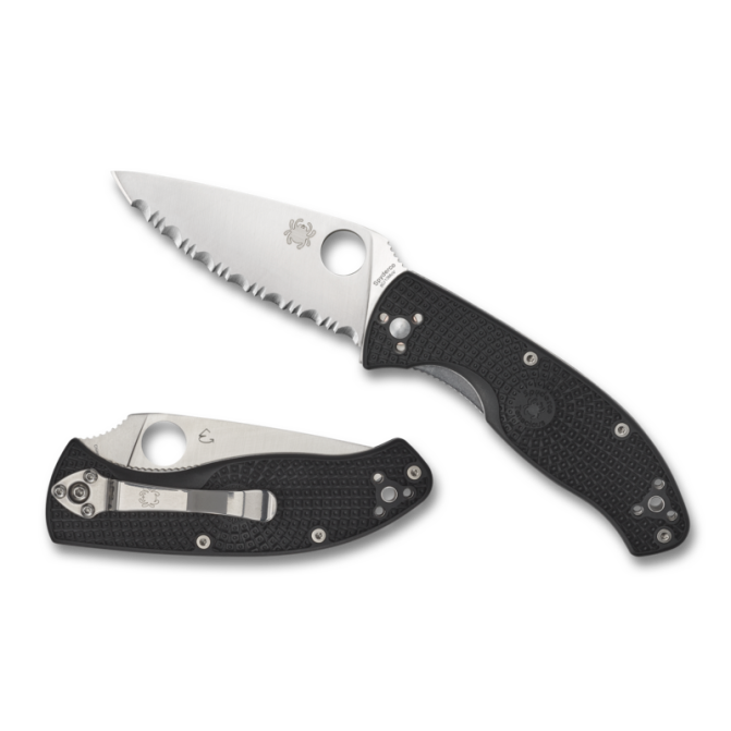 Black folding knife with partially serrated stainless steel blade and textured fiberglass reinforced nylon handle in cutting tools collection