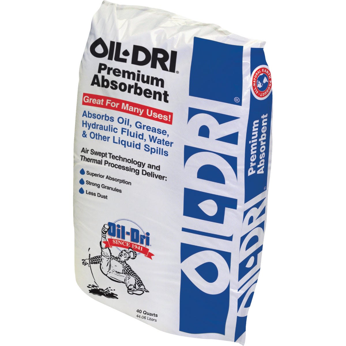 43-pound bag of nonflammable mineral granule absorbent for oil, grease, and liquid spills in automotive collections