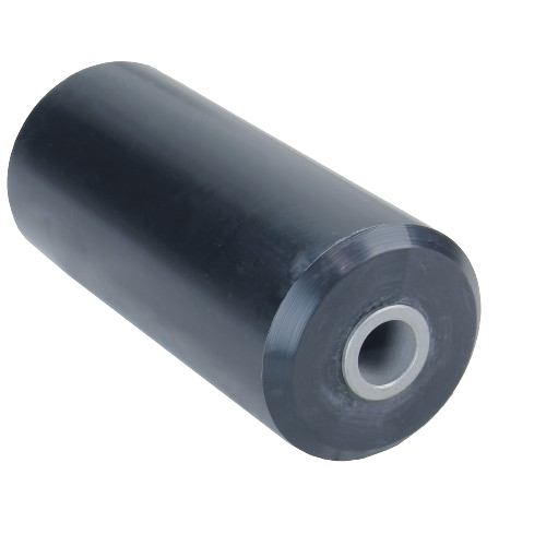 Black cylindrical mower deck roller with metal bushing designed for smooth lawn equipment operation and home improvement tasks