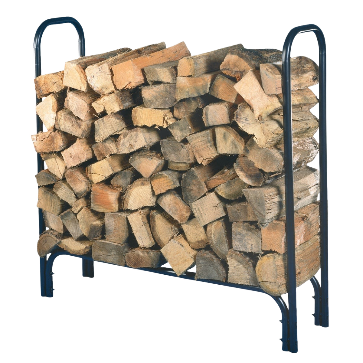 Black tubular metal log rack holding a large stack of firewood for home improvement and outdoor use