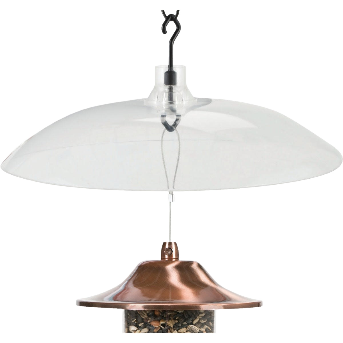 Clear plastic 16-inch squirrel baffle with hanging hook to protect bird feeders in home improvement projects