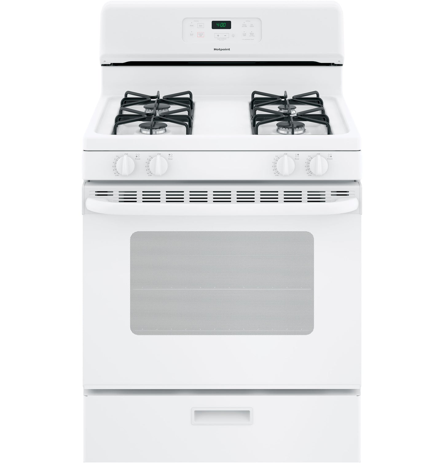 White free-standing gas range with four burners and digital control panel, part of kitchen appliances and gas ranges collections