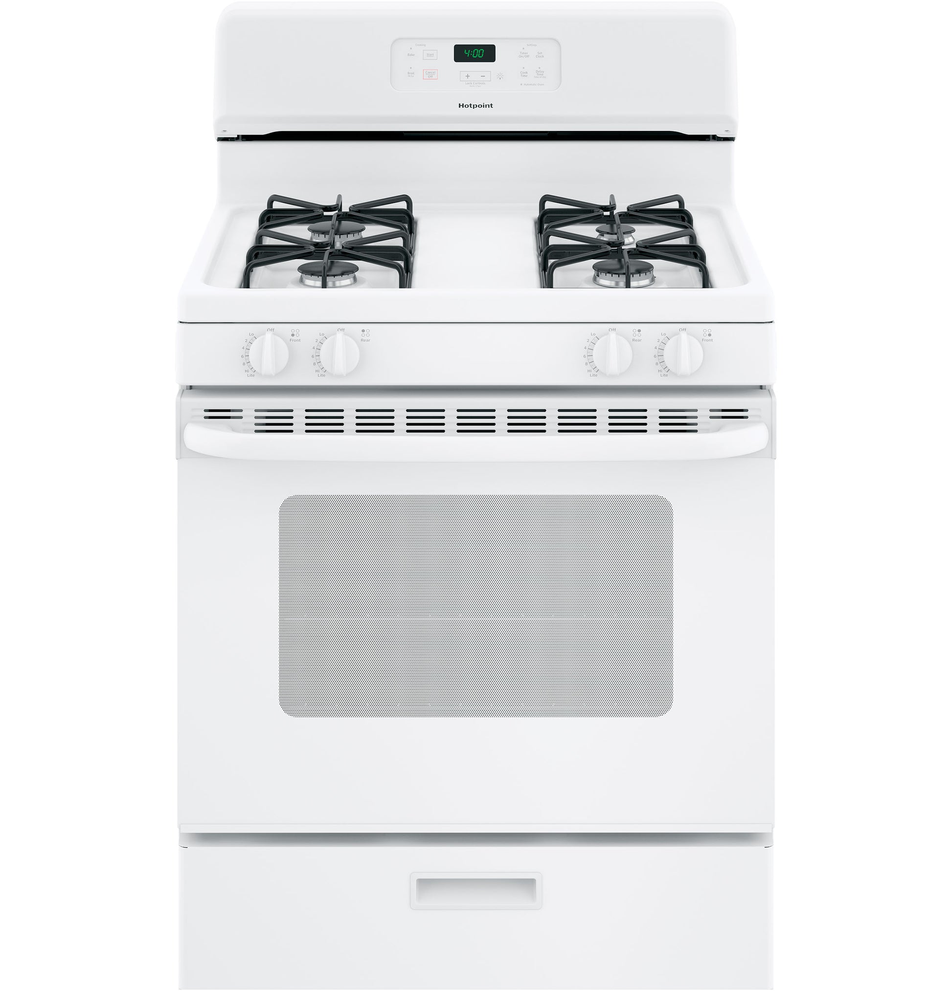 White free-standing gas range with four burners and digital control panel, part of kitchen appliances and gas ranges collections