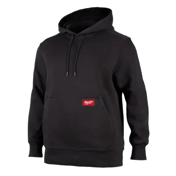 Black pullover hoodie with front pocket and red Milwaukee patch from women's hoodies under $100 collection