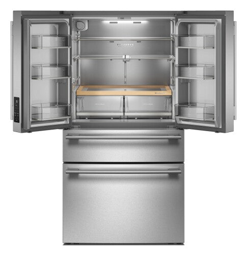 Stainless steel French door refrigerator with spacious interior, adjustable shelves, and dual lower freezer drawers in kitchen appliance collection
