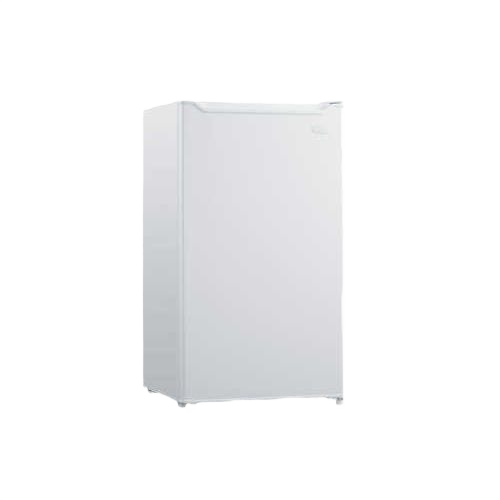 White compact refrigerator with full width freezer section, suitable for kitchens and appliance collections.
